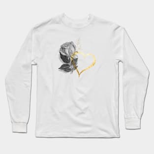 Black Rose Flower with Gold Heart Long Sleeve T-Shirt